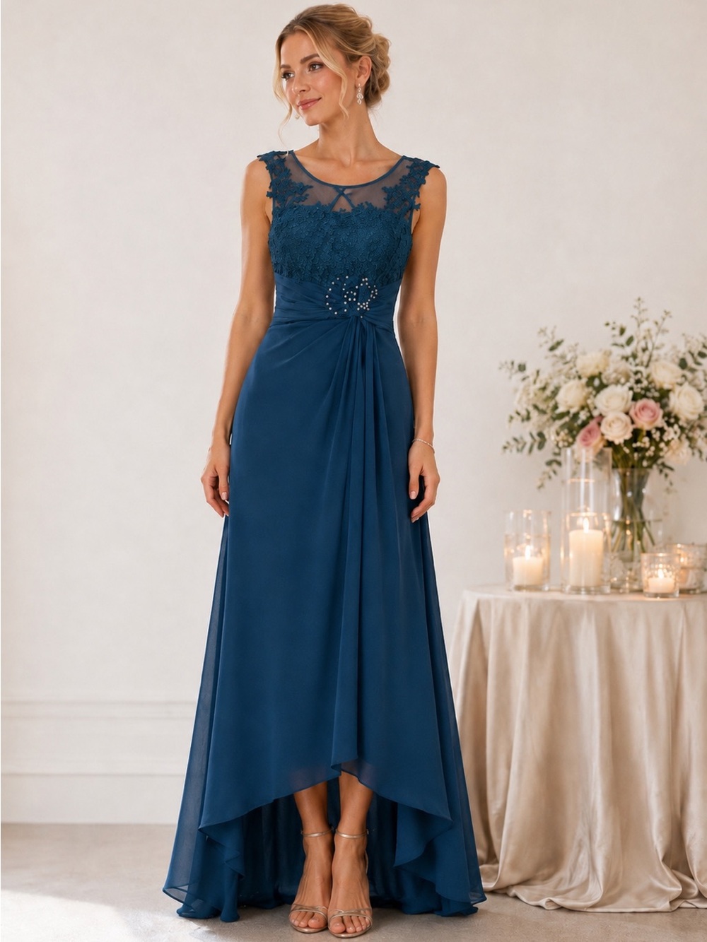 ✨ Teal Blue Chiffon Floral Lace High Low Evening Gown Size 4 NWOT ✨